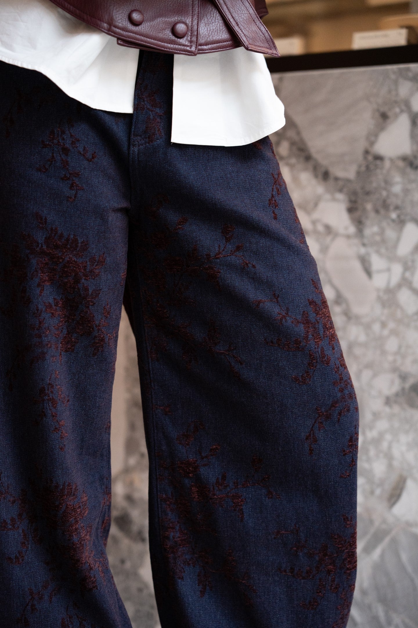 Spodnie Balonowe Aksamitne Wzór Kwiatowy Bordeaux