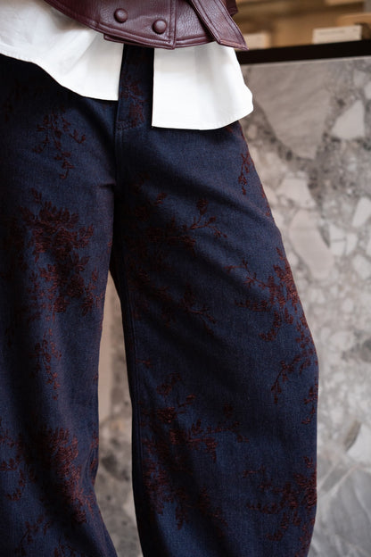 Spodnie Balonowe Aksamitne Wzór Kwiatowy Bordeaux