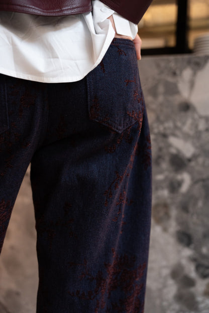 Spodnie Balonowe Aksamitne Wzór Kwiatowy Bordeaux