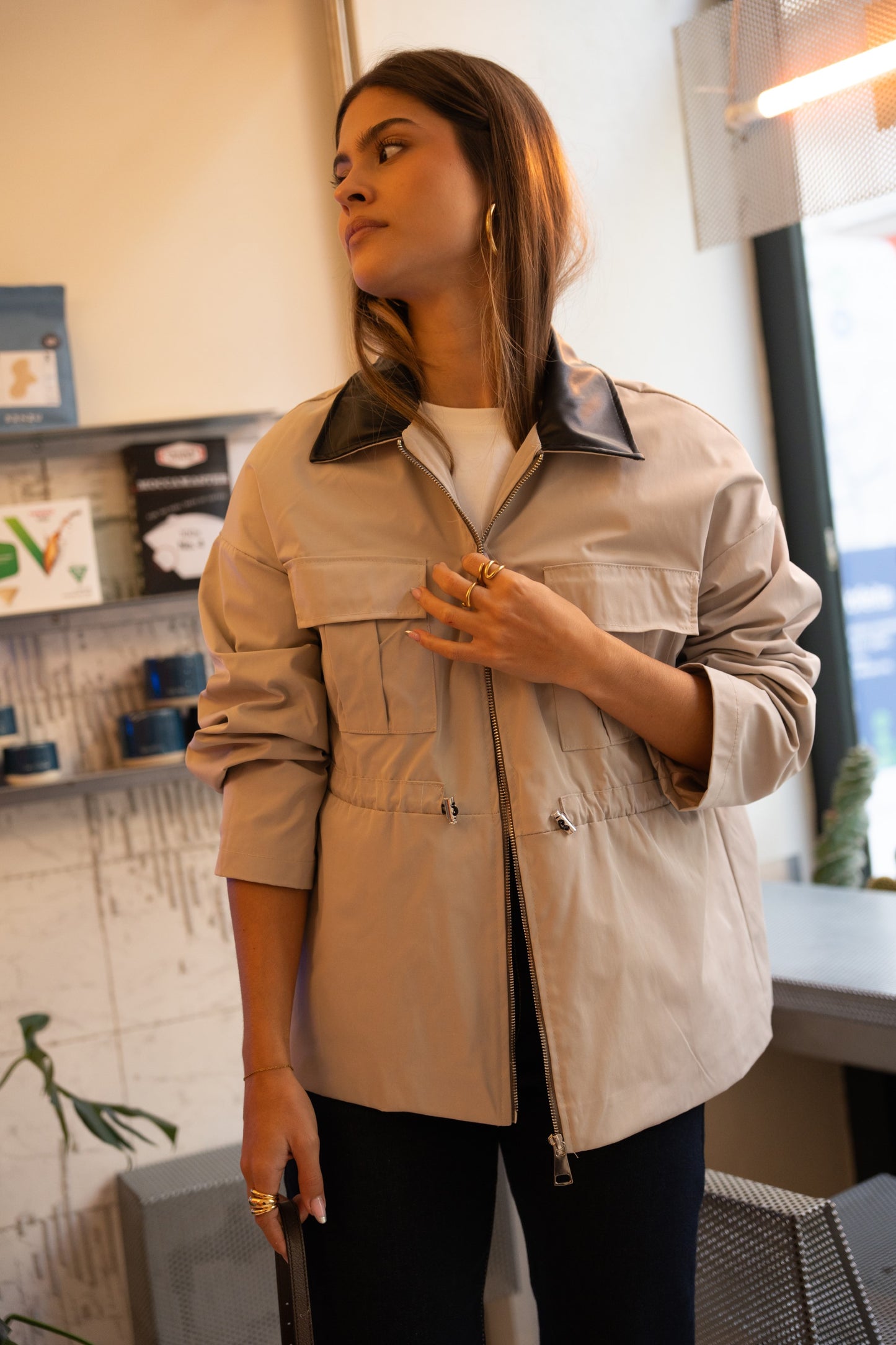 Trench Coat with Contrast Gray Collar