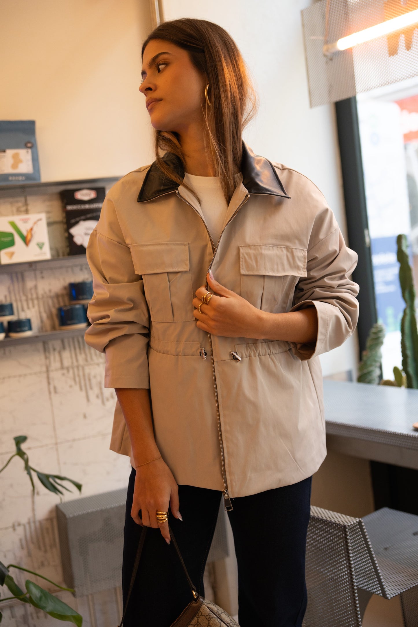 Trench Coat with Contrast Gray Collar