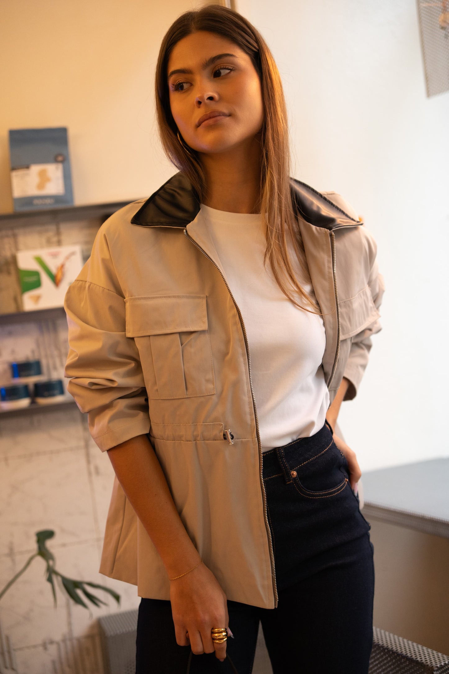 Trench Coat with Contrast Gray Collar