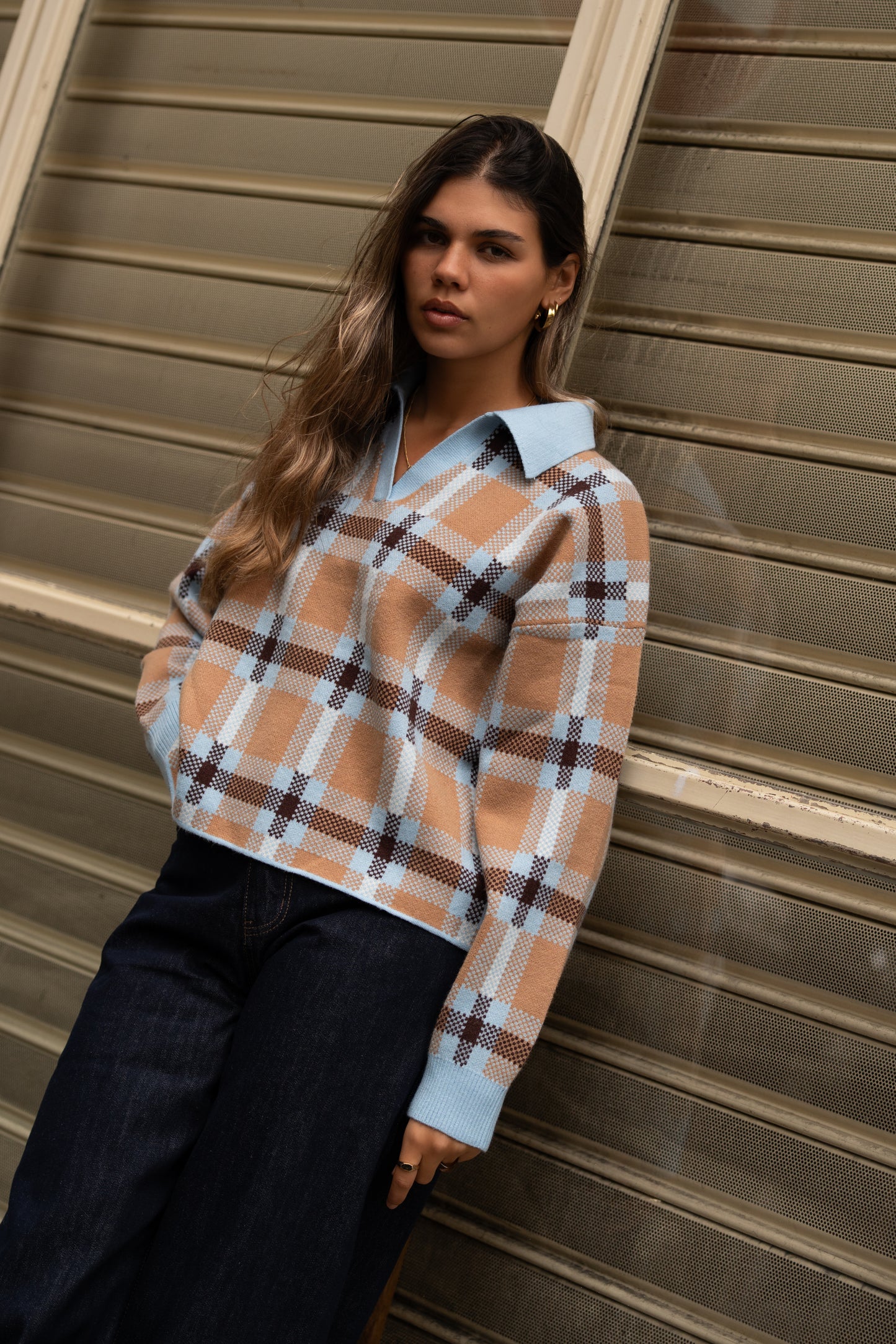 Camisola Malha Xadrez Gola Azul