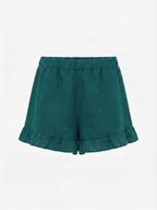 Petrolblaue Leinen-Shorts mit Rüschen