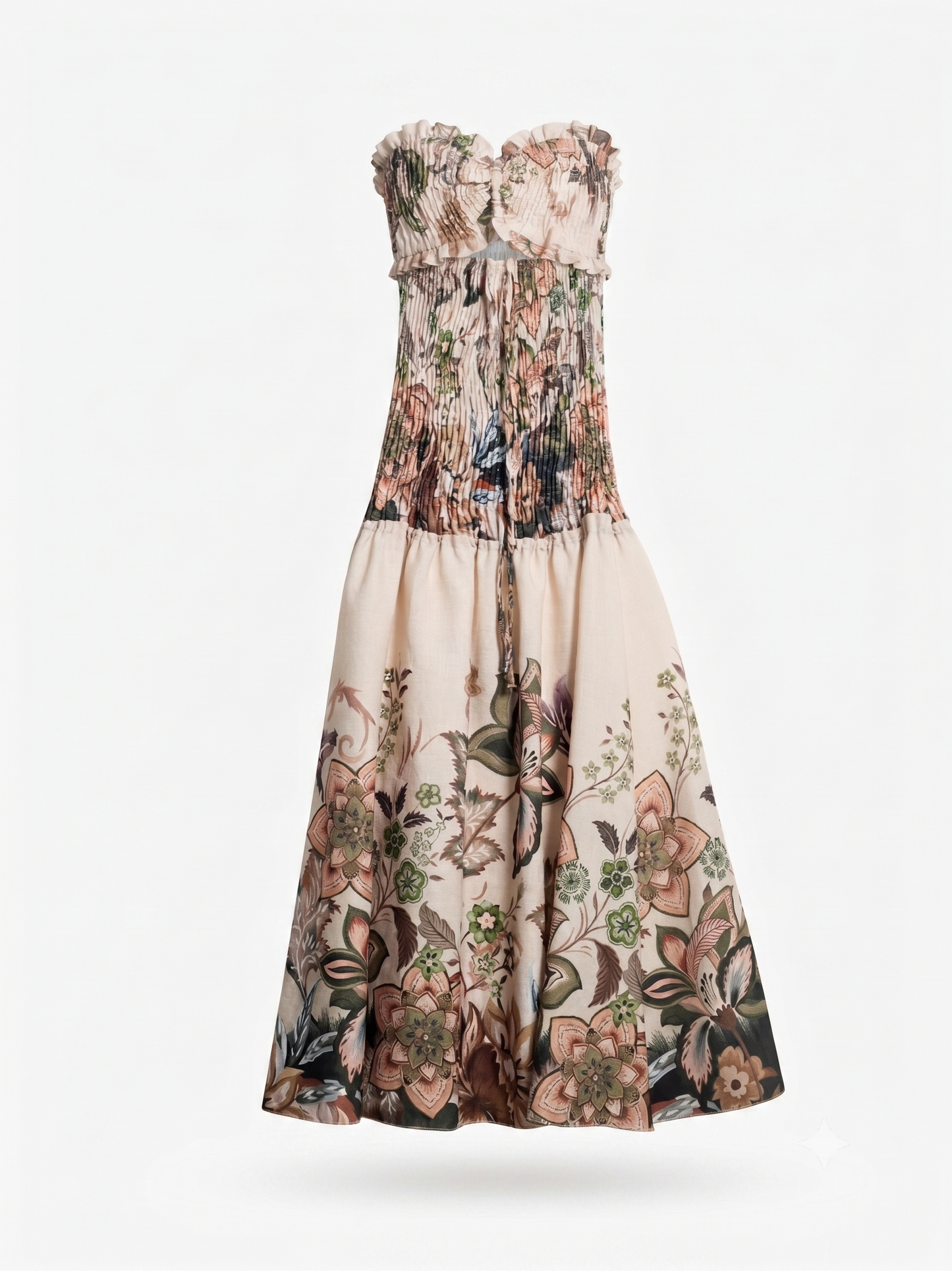 Beigefarbenes Kleid mit floralen Details