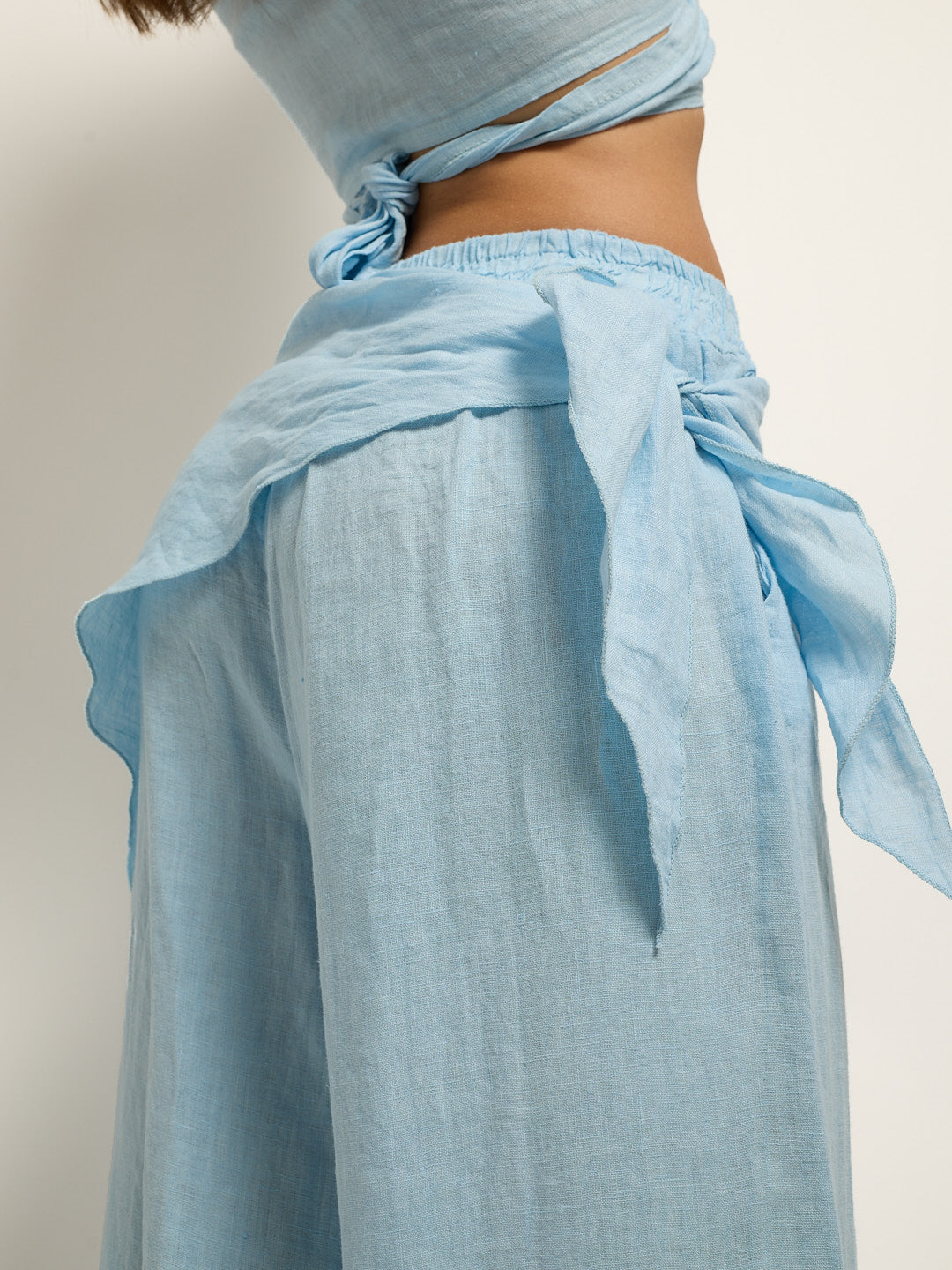 Conjunto Camisa Cropped Nó Linho Azul Pastel