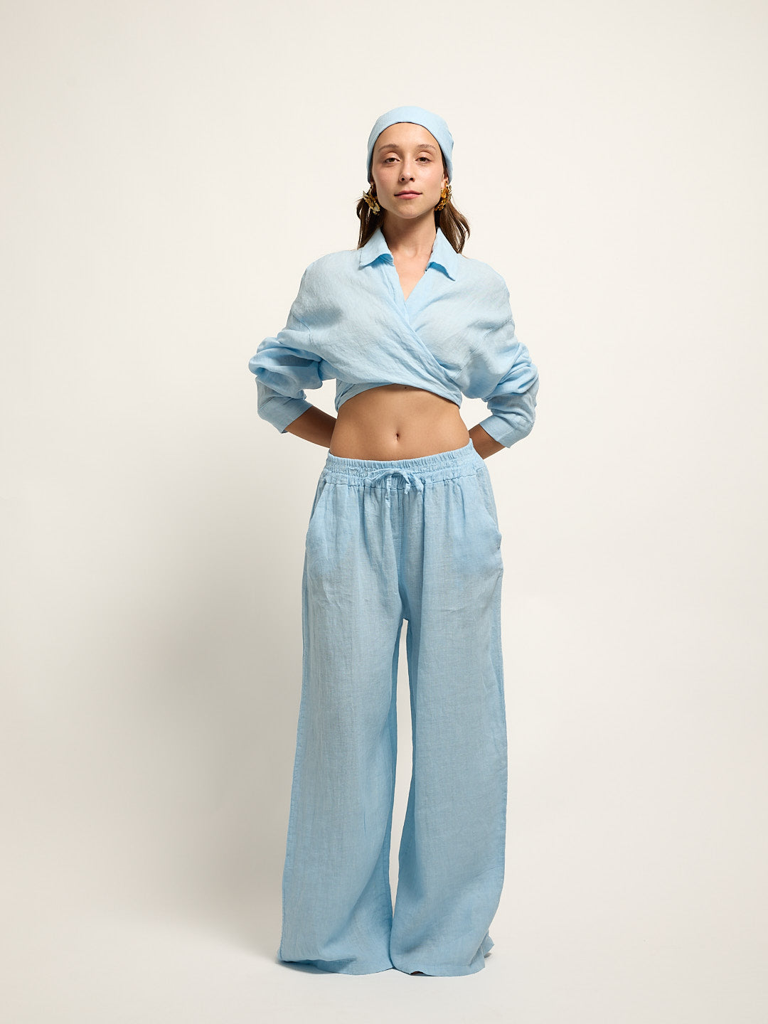 Conjunto Camisa Cropped Nó Linho Azul Pastel