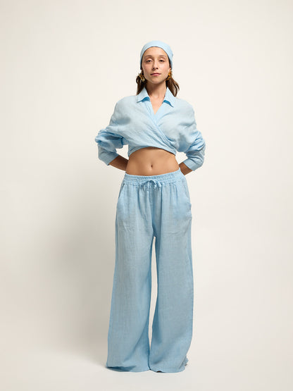 Conjunto Camisa Cropped Nó Linho Azul Pastel