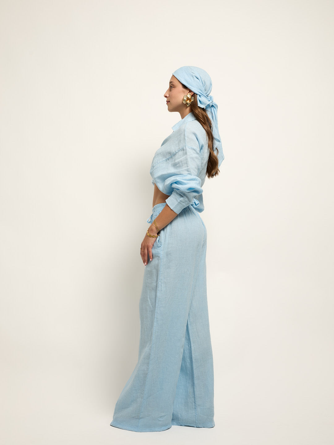 Conjunto Camisa Cropped Nó Linho Azul Pastel