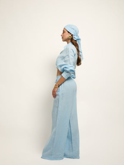 Conjunto Camisa Cropped Nó Linho Azul Pastel