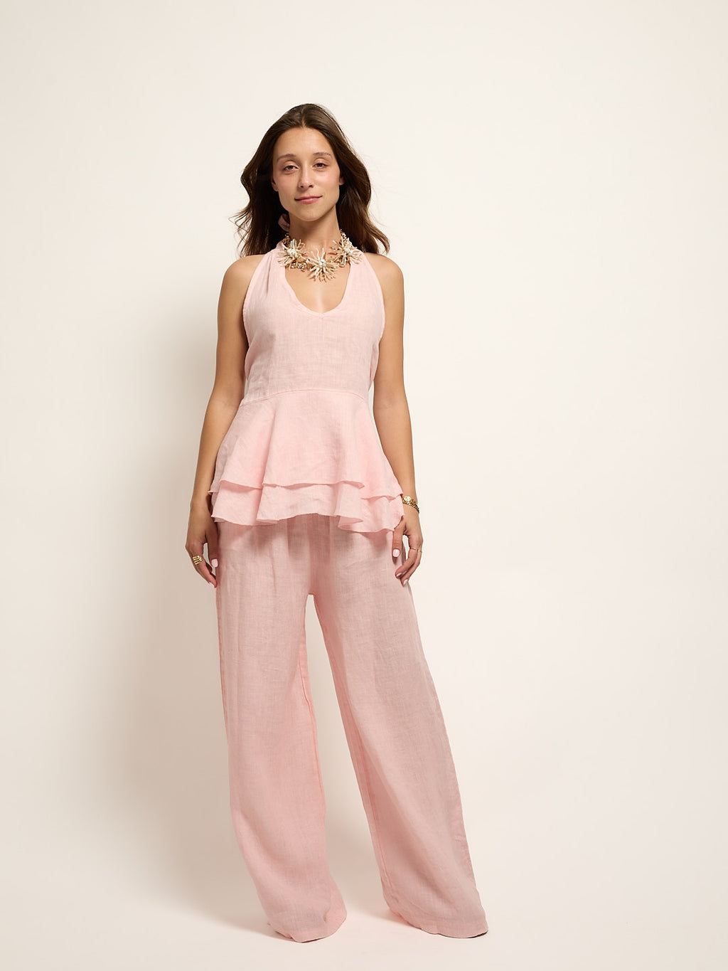 Ensemble haut dos nu en lin rose pastel