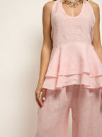 Ensemble haut dos nu en lin rose pastel