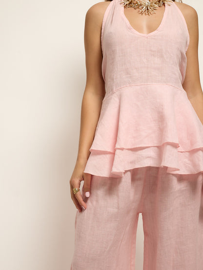 Conjunto Top Open Back Linho Rosa Pastel