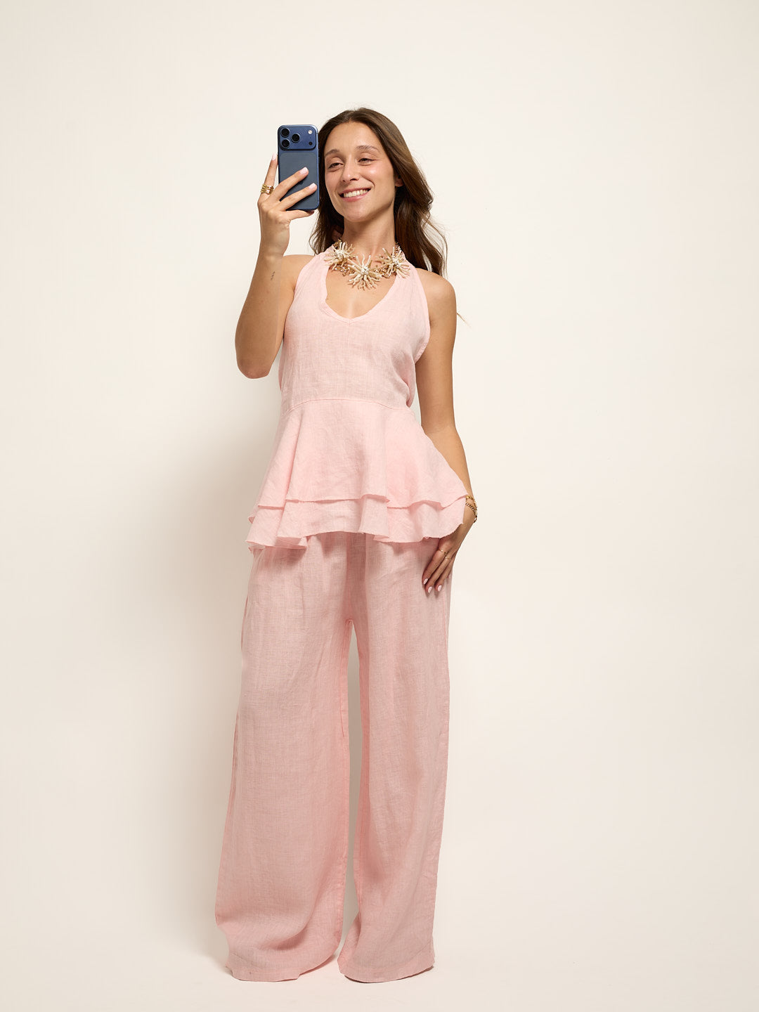 Conjunto Top Open Back Linho Rosa Pastel