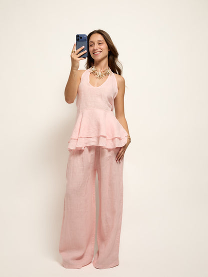 Conjunto Top Open Back Linho Rosa Pastel