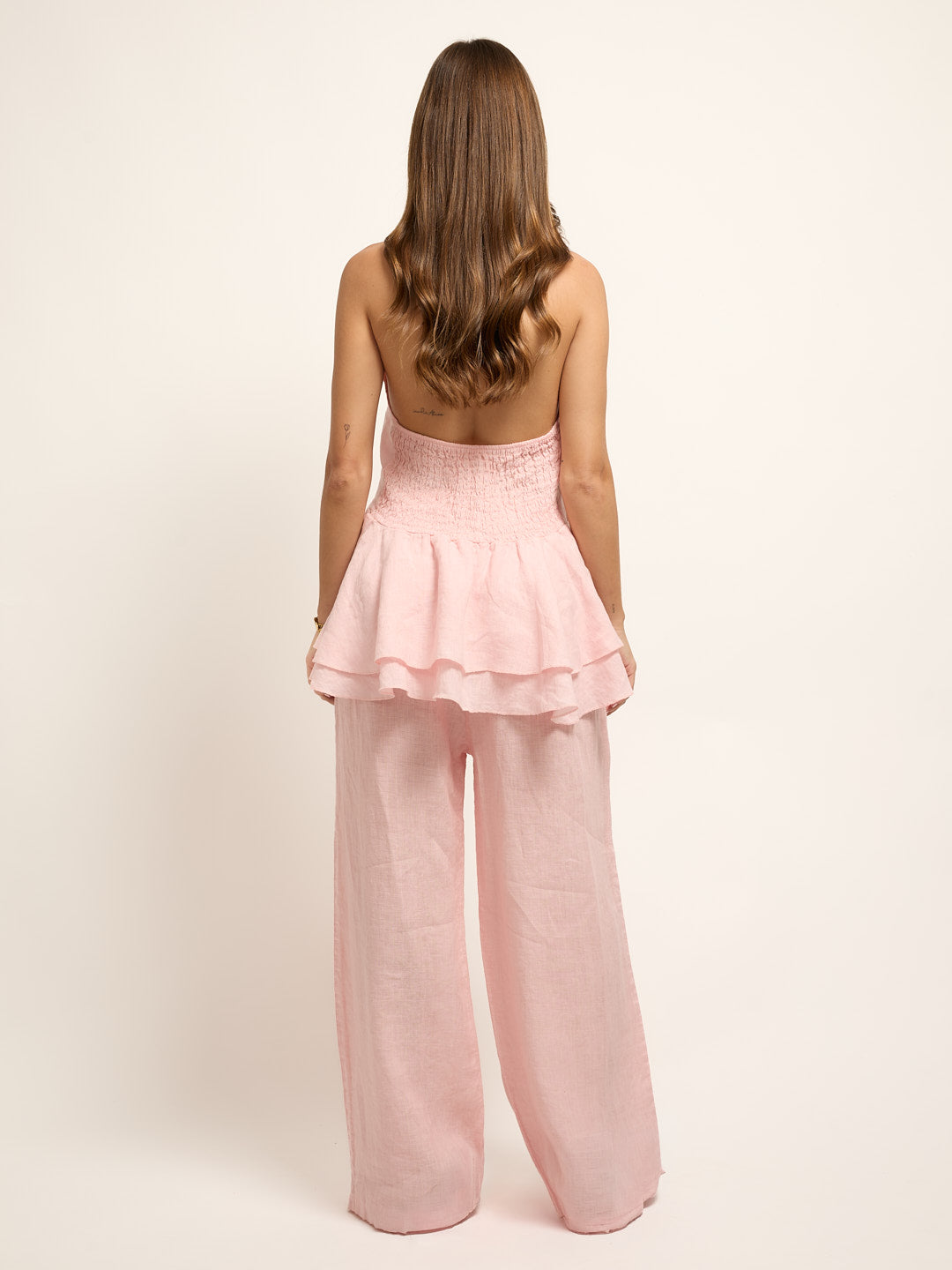 Conjunto Top Open Back Linho Rosa Pastel