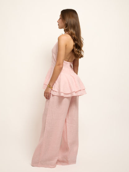 Conjunto Top Open Back Linho Rosa Pastel