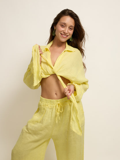Conjunto Camisa Cropped Nó Linho Amarelo
