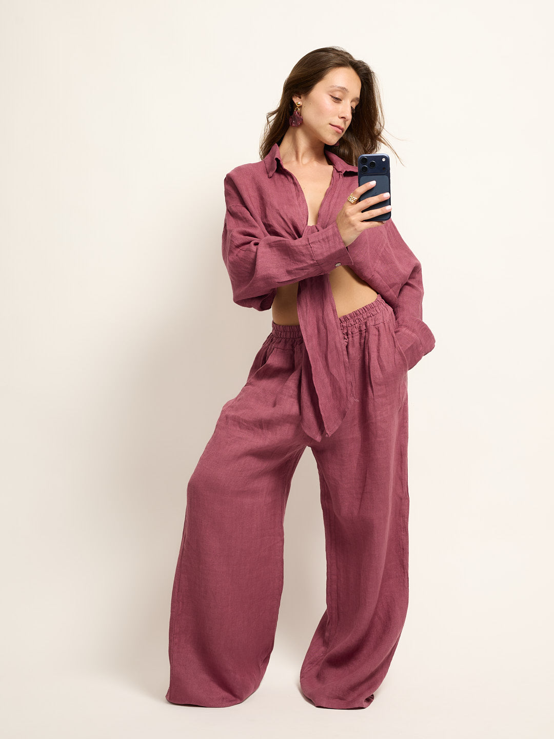 Conjunto Camisa Cropped Nó Linho Beringela