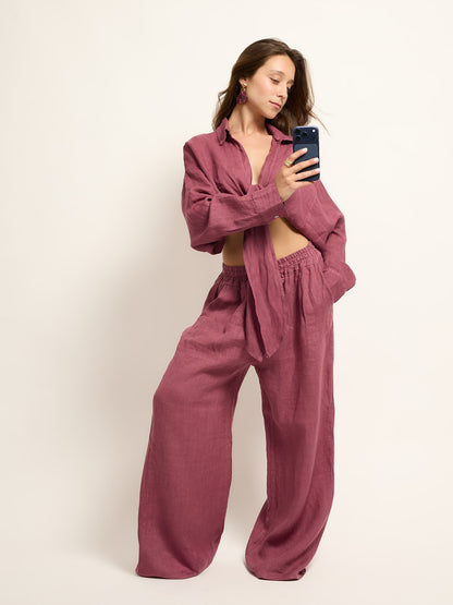 Conjunto Camisa Cropped Nó Linho Beringela