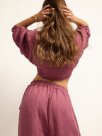 Chemise courte en lin aubergine et ensemble chemise avec nœud
