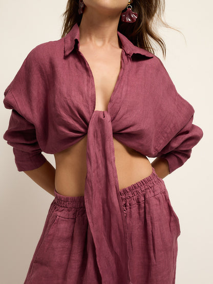 Conjunto Camisa Cropped Nó Linho Beringela