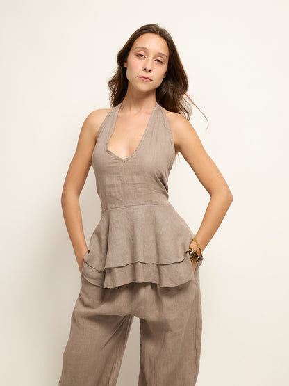 Taupe Linen Open Back Top Set