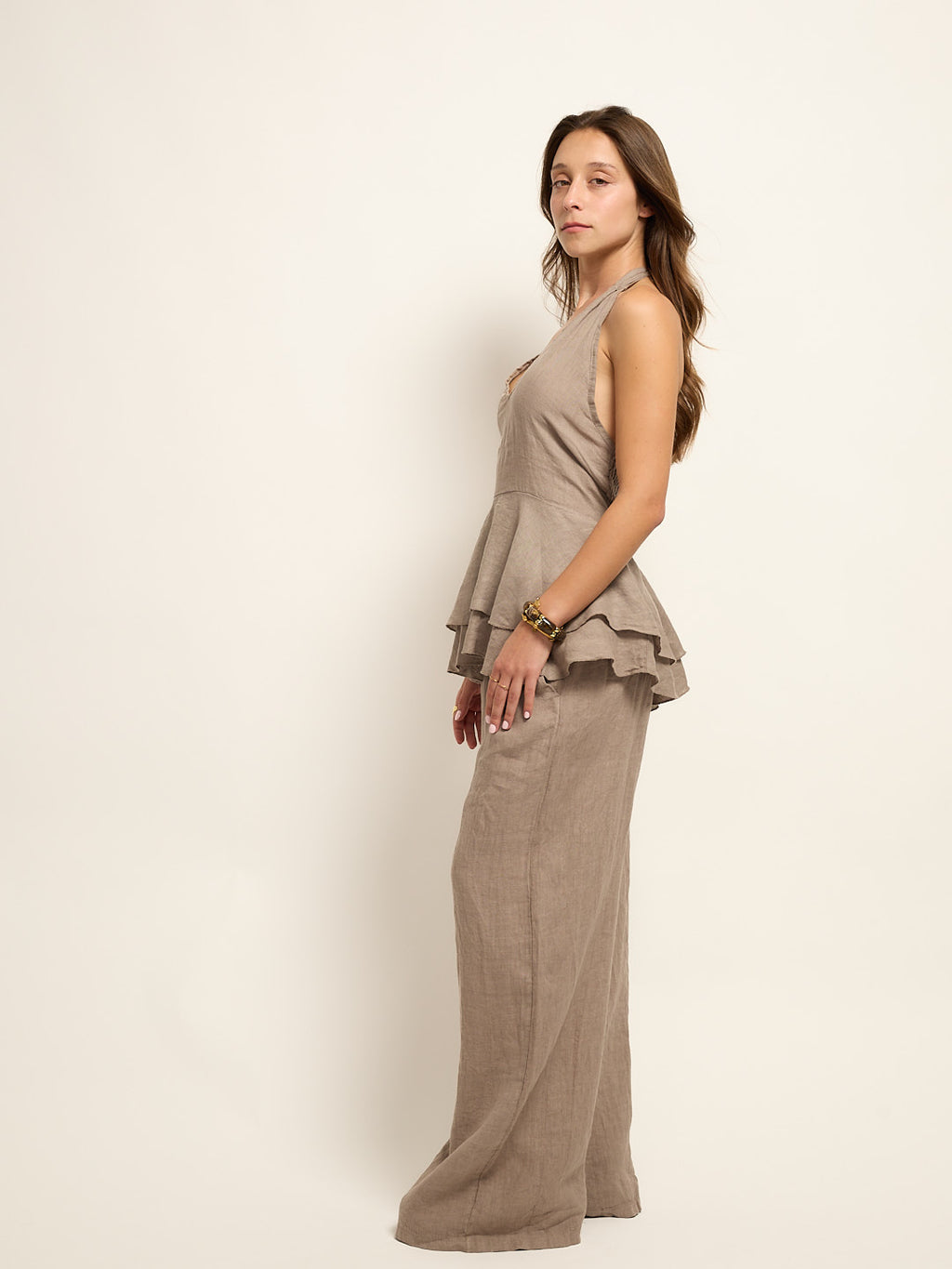 Ensemble haut dos nu en lin taupe