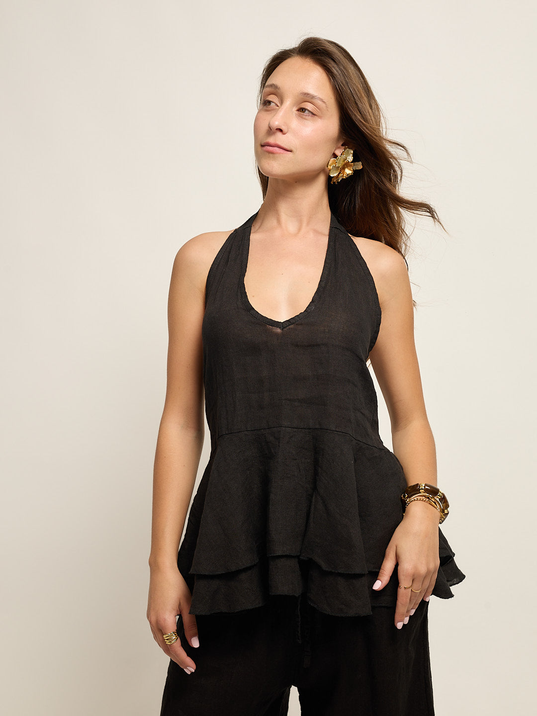 Black Linen Open Back Top Set