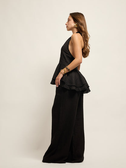 Black Linen Open Back Top Set