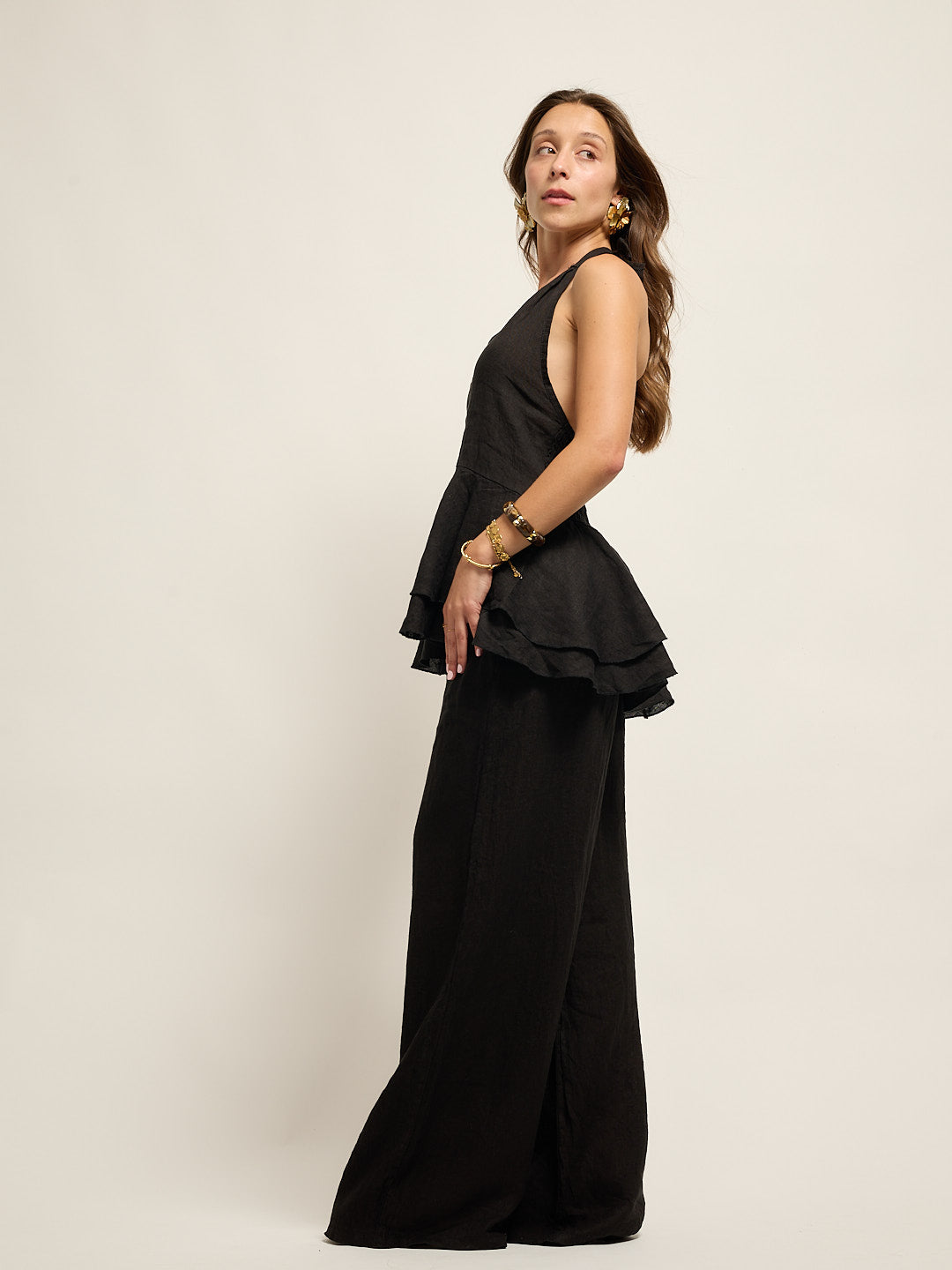Black Linen Open Back Top Set
