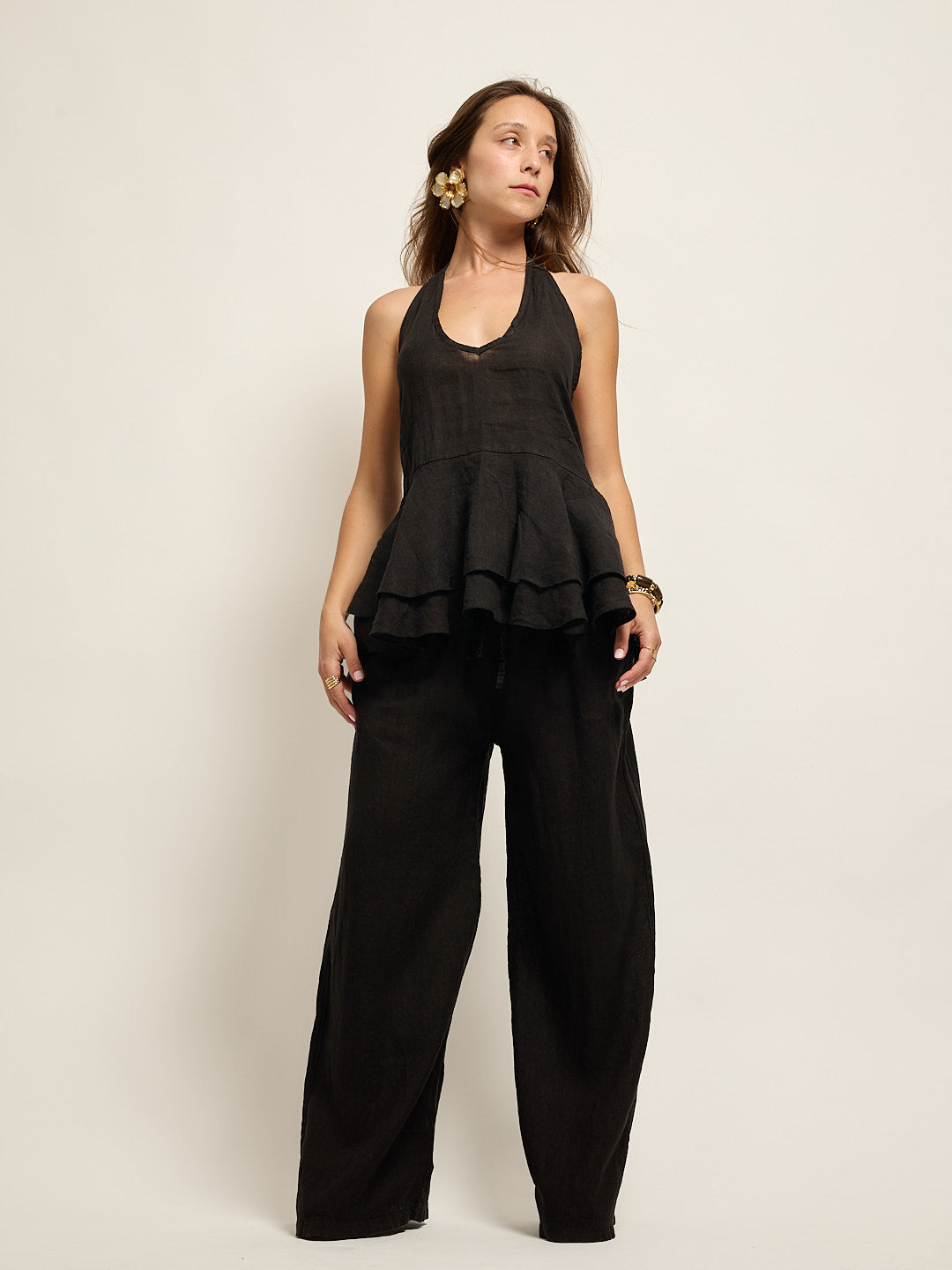 Black Linen Open Back Top Set