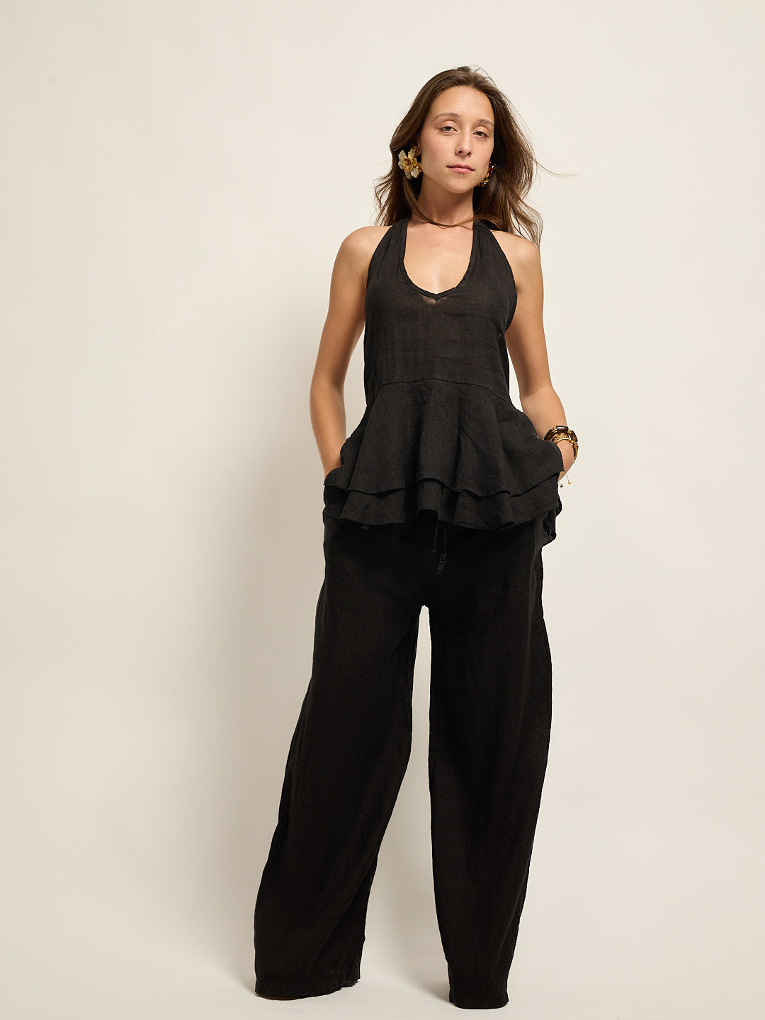Black Linen Open Back Top Set