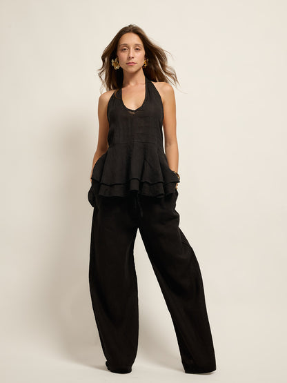 Black Linen Open Back Top Set