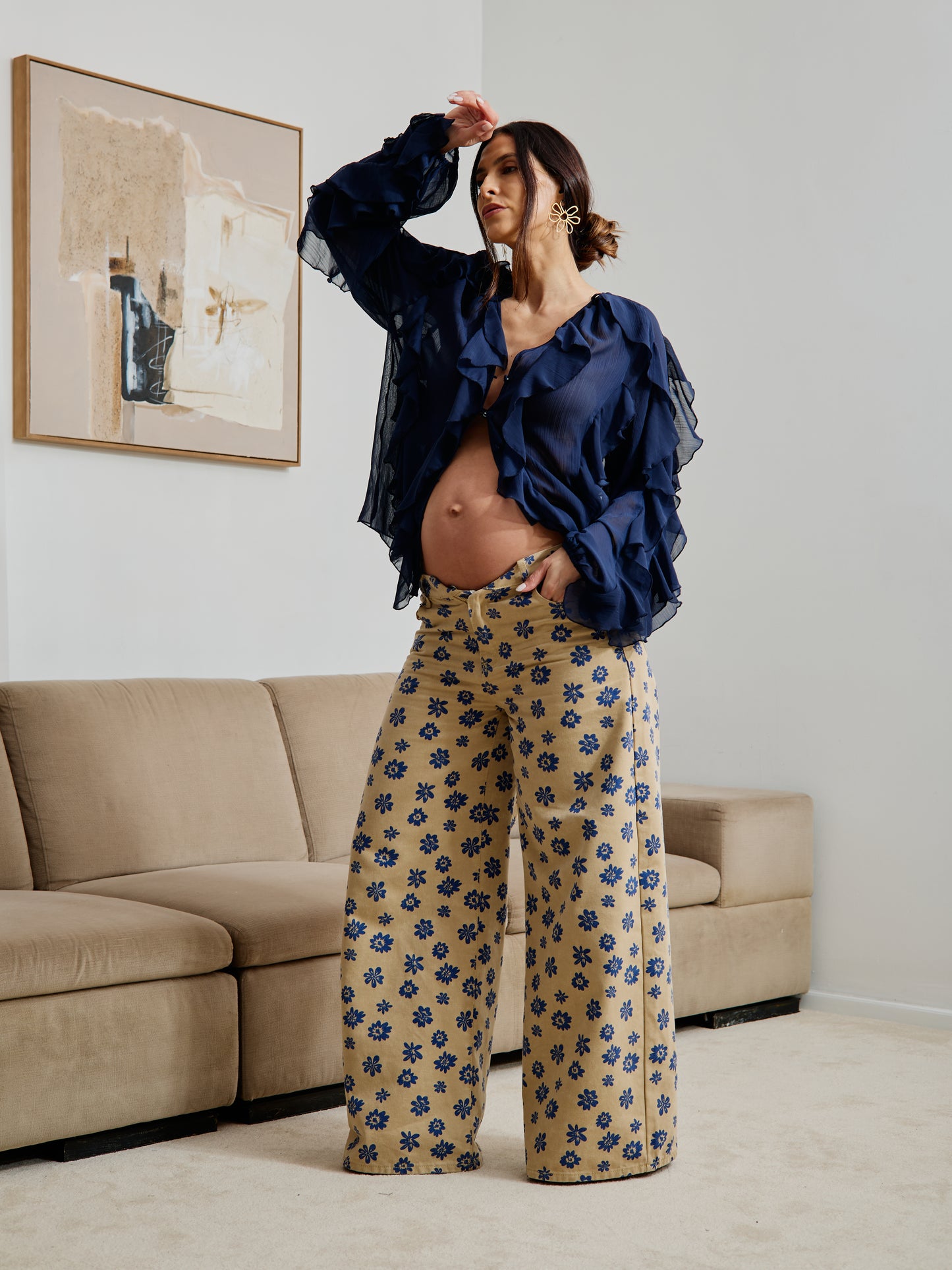 Pantaloni a gamba larga con stampa floreale blu