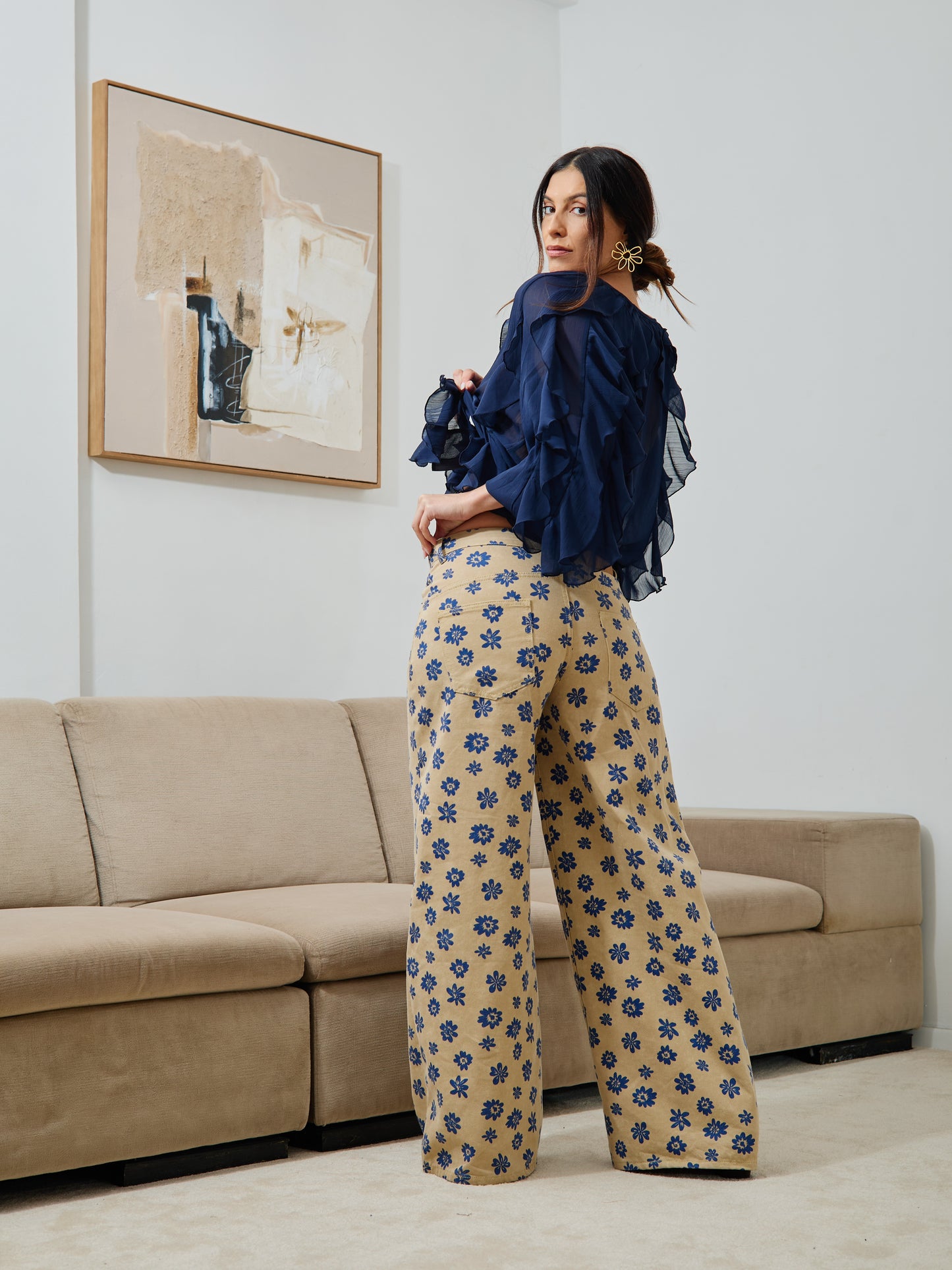 Pantaloni a gamba larga con stampa floreale blu