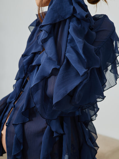 Blusa Boho Folhos Azul Marinho