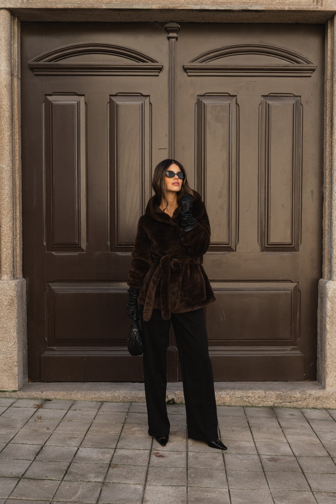 Brown fur coat with hood.