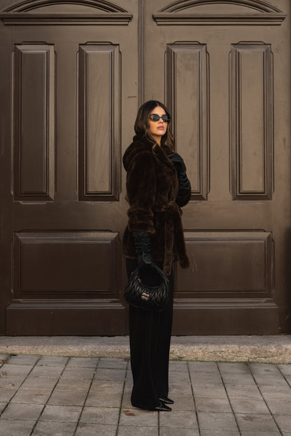 Brown fur coat with hood.