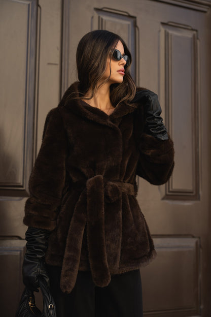 Brown fur coat with hood.