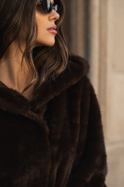 Brown fur coat with hood.