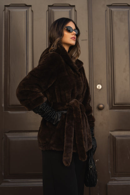 Brown fur coat with hood.