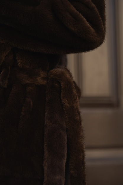 Brown fur coat with hood.