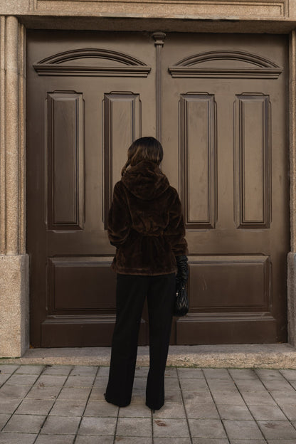 Brown fur coat with hood.