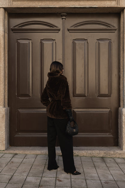 Brown fur coat with hood.
