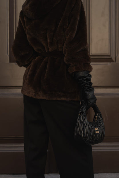 Brown fur coat with hood.