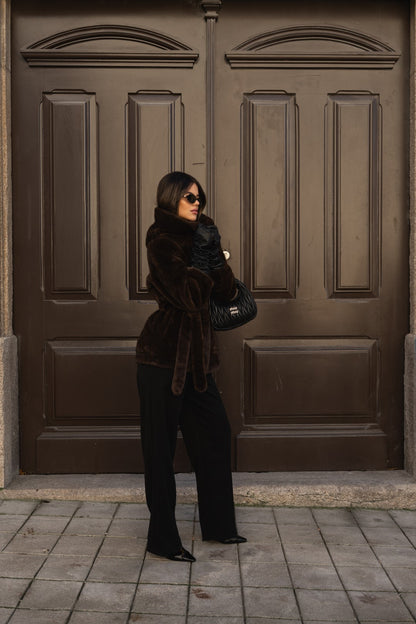 Brown fur coat with hood.