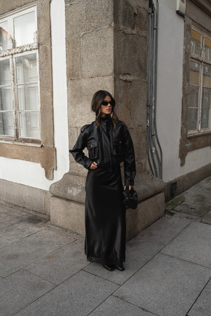 Black Satin Long Skirt