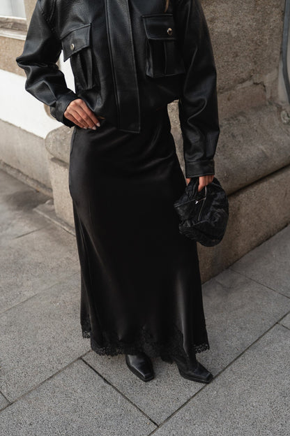 Black Satin Long Skirt