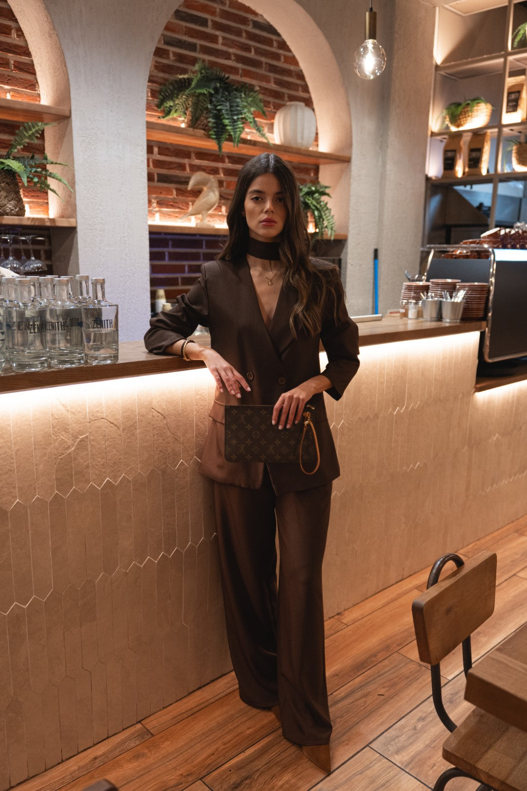 Brown Suit with Tie Detail